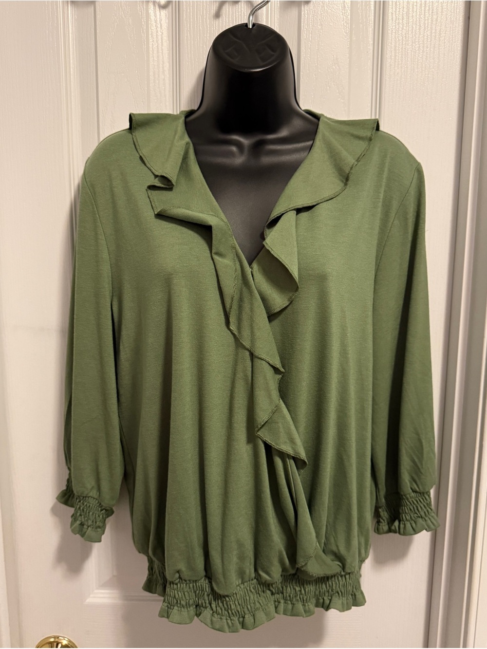 Seven Forty Two Ruffle Front Olive Green Women's Blouse